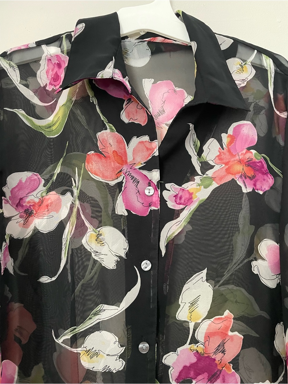 Sheer Black Floral Button-Front Blouse - Pink Floral - Picture 9 of 10
